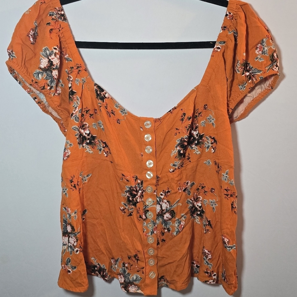 Free People Orange Floral Close To You Y2K Babydoll Short Sleeve Peaseant Top M - Picture 2 of 10